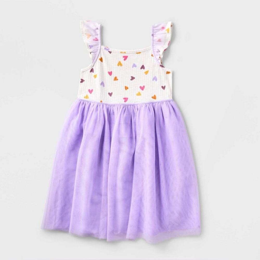 Cat & Jack Girls' Adaptive Flutter Sleeve Tulle Dress Heart Almond Cream Size XS